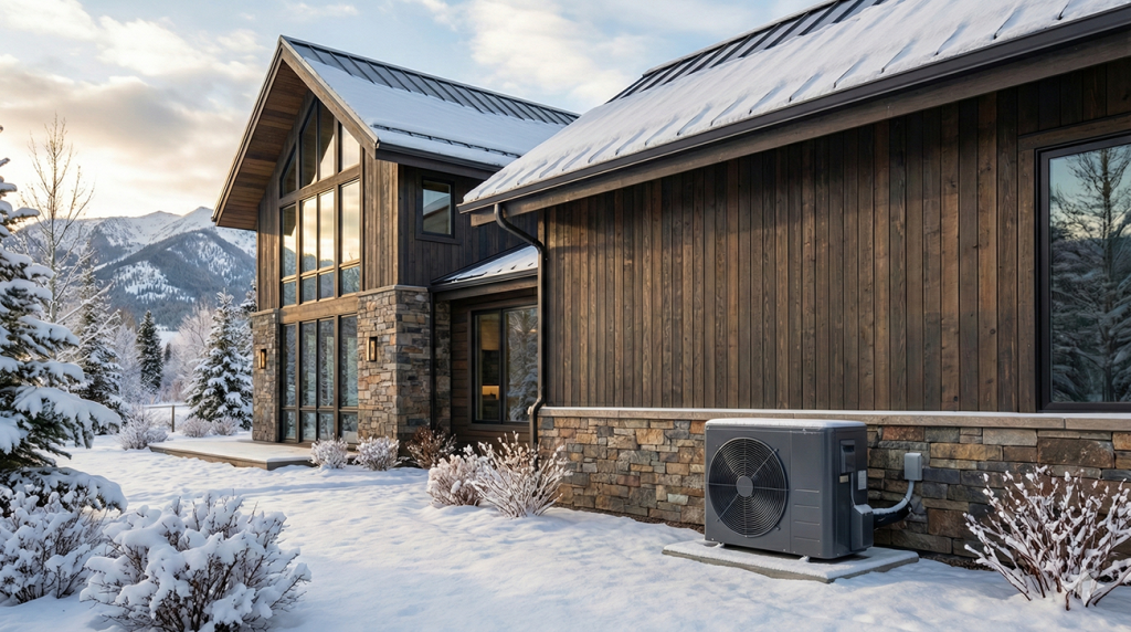 a modern heat pump against the side of a modern two story house in Colorado. The season is winter