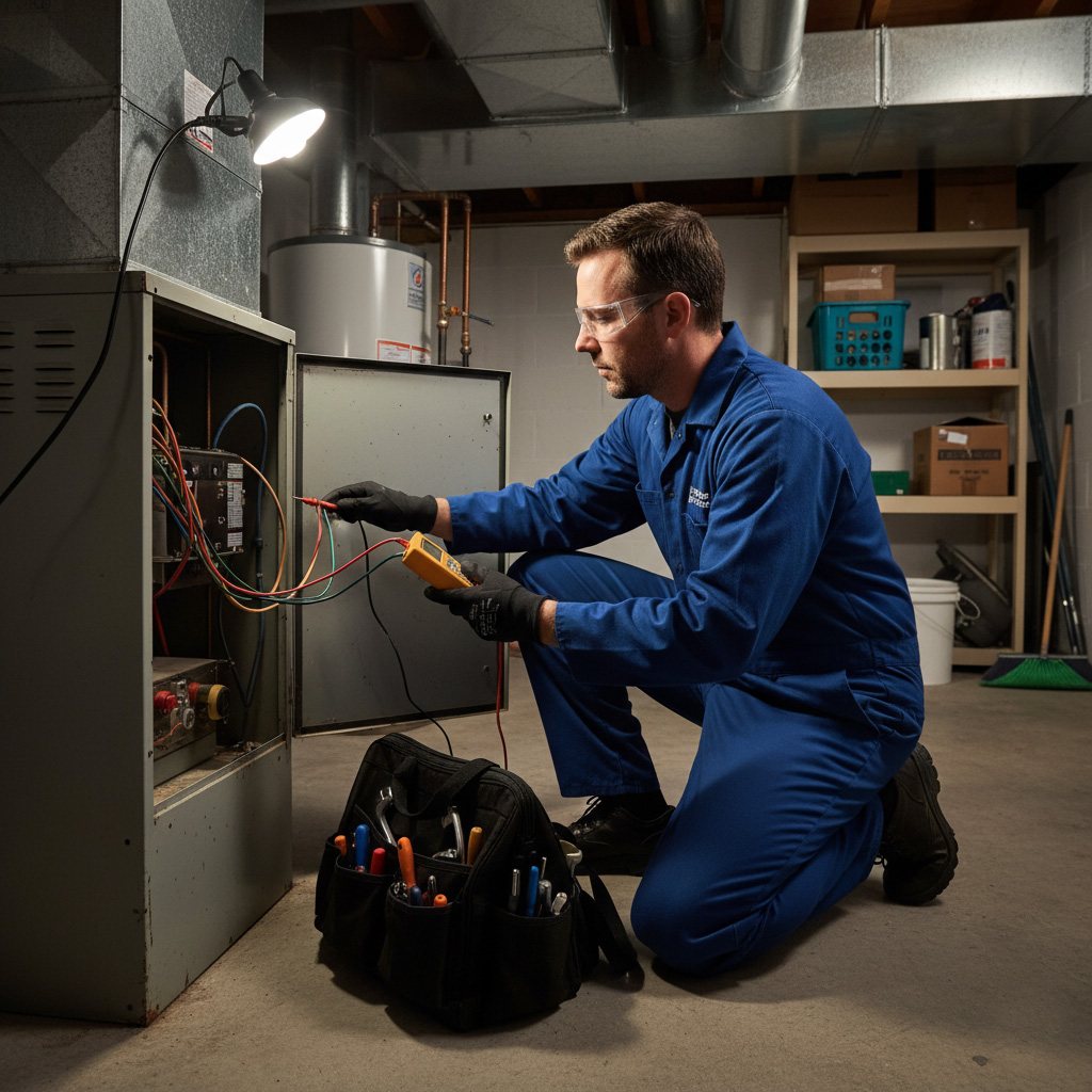 HVAC technician testing furnace components with a multimeter in a Colorado basement